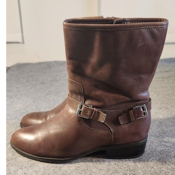 Ralph Lauren Boots Womens Size 8 Brown Leather Ankle Biker Buckle Zip Booties - Picture 2 of 8